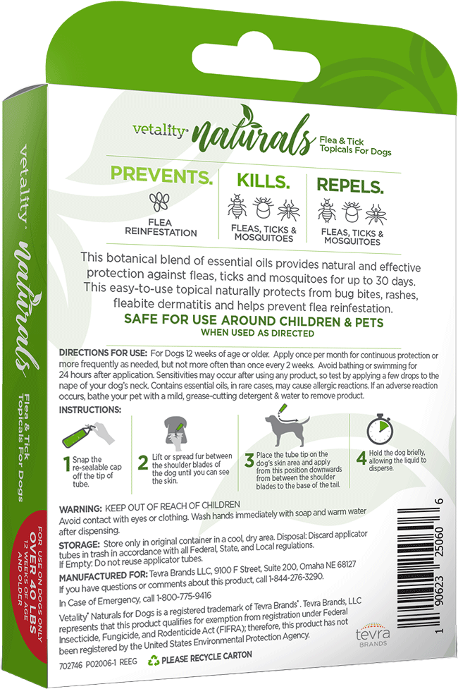 TEVRA Vetality Naturals Flea & Tick Topical for Dogs 40+ lbs 3pk