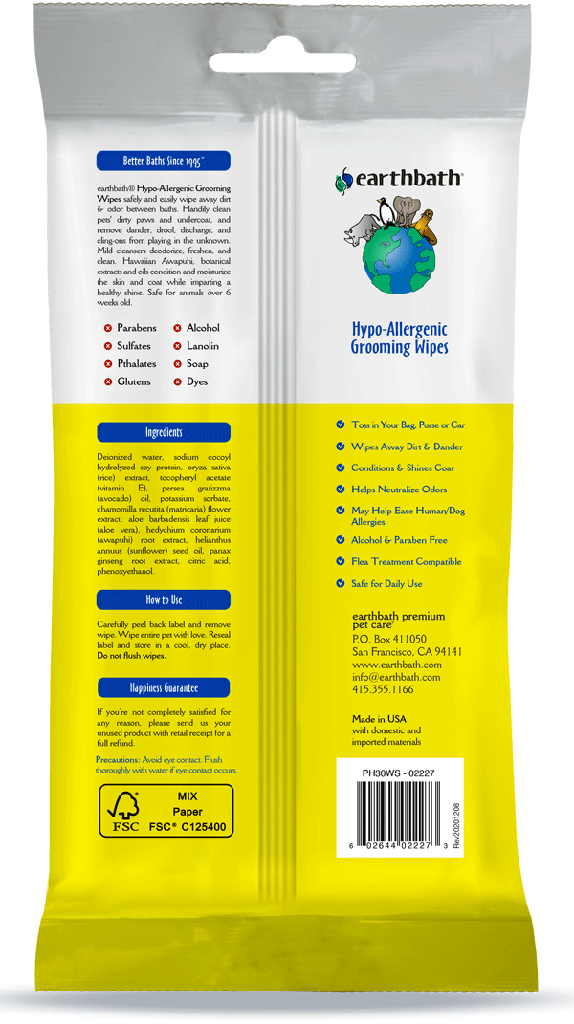 EARTHBATH Grooming Wipes Hypo-Allergenic Fragrance Free 30ct