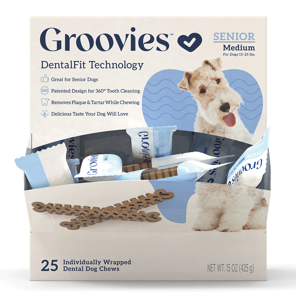 GROOVIES Senior Dog Dental Chews Gravity Box Medium 25ct