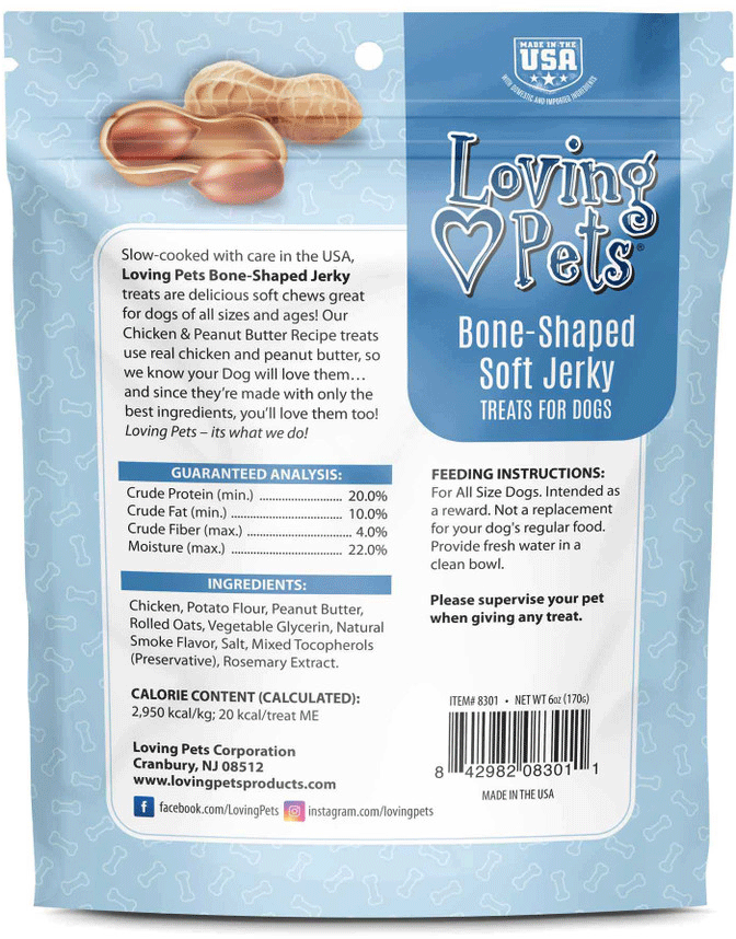 LOVING PETS Bone-Shaped Soft Jerky Treats Chicken & Peanut Butter 6oz