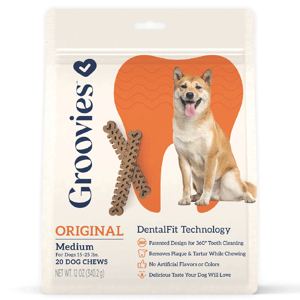 GROOVIES Dog Dental Chews 12oz Medium 20ct