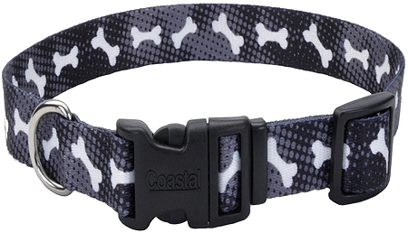 PET ATTIRE Adj Collar - 5/8 x 10-14in - Black w/Bones