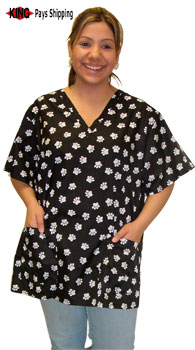 *STYLIST WEAR Patterned Scrub Top Black w/Paws L