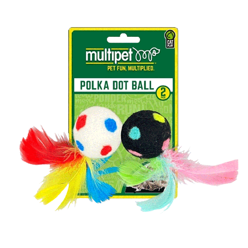 [MP20236] MULTIPET Polka Dot Ball w/Feather Cat Toys 2pk